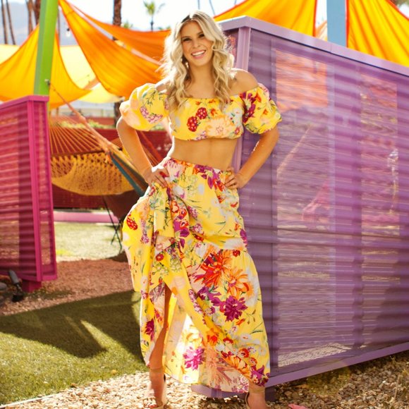 Cottagecore Set H&M Maxi Skirt & Off-The-Shoulder Crop Top Yellow Floral - Picture 1 of 12